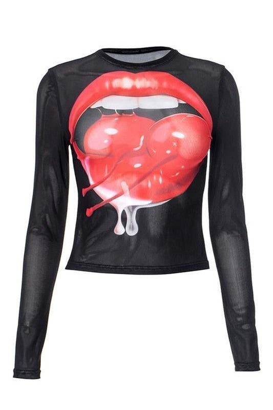 Cherry Lips Tee - 2 Cute - black