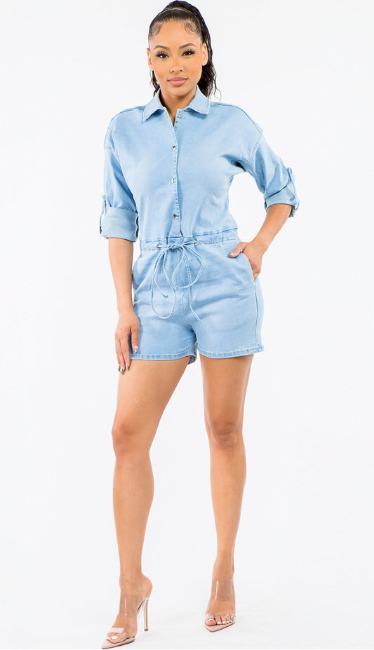 Feeling Good Denim Romper - Light Blue - 2 Cute