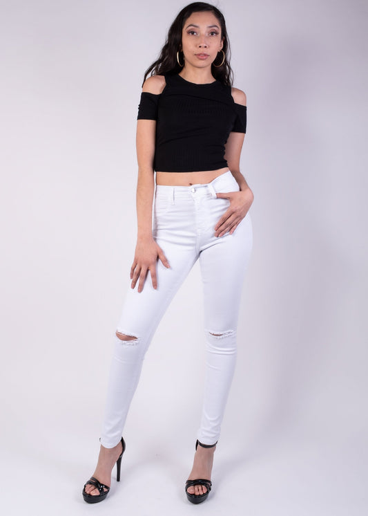 Jessica High Rise Knee Cut Skinny Jeans - White - 2 Cute