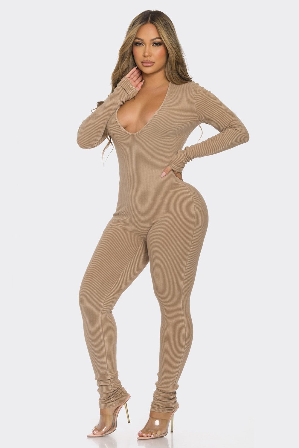 Late Night Chill Ribbed Jumpsuit - Taupe - 2 Cute