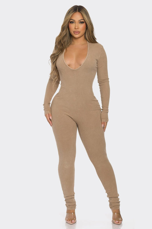 Late Night Chill Ribbed Jumpsuit - Taupe - 2 Cute