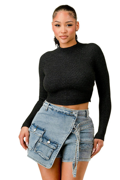 Miranda Long Sleeve Mock Neck Crop Top - Black - 2 Cute