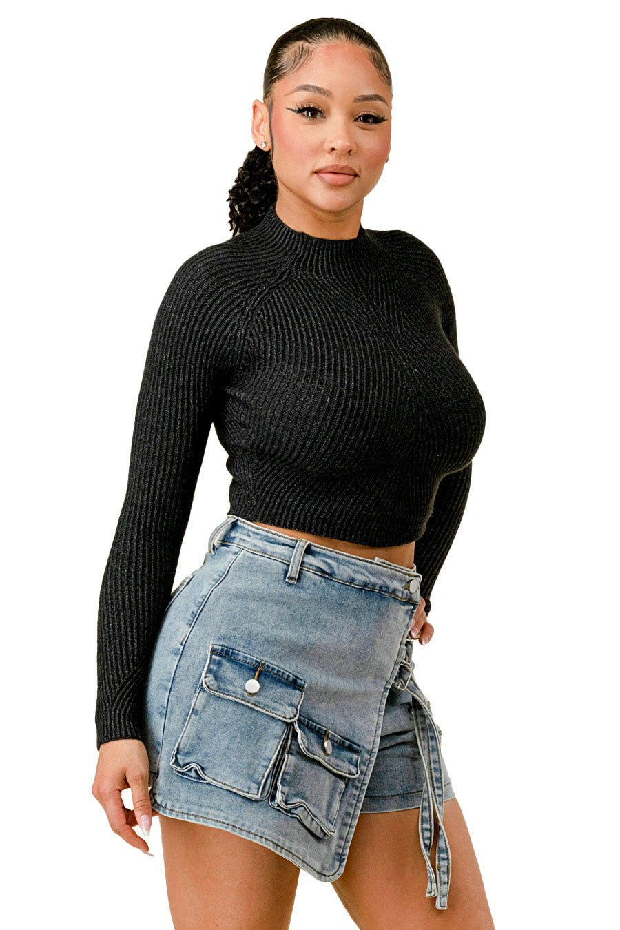 Miranda Long Sleeve Mock Neck Crop Top - Black - 2 Cute