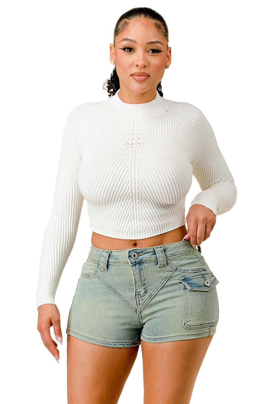 Miranda Long Sleeve Mock Neck Crop Top - White - 2 Cute