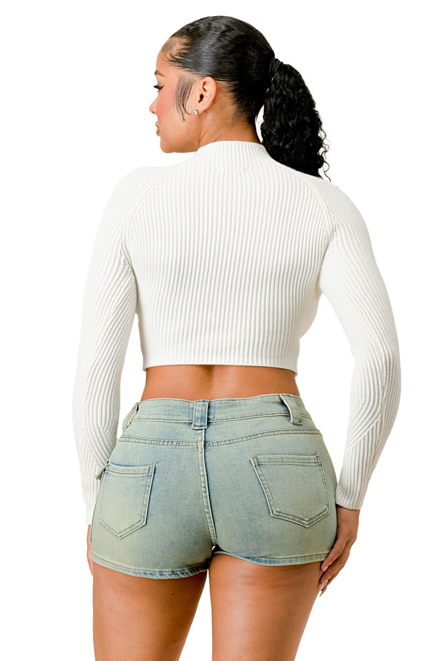 Miranda Long Sleeve Mock Neck Crop Top - White - 2 Cute