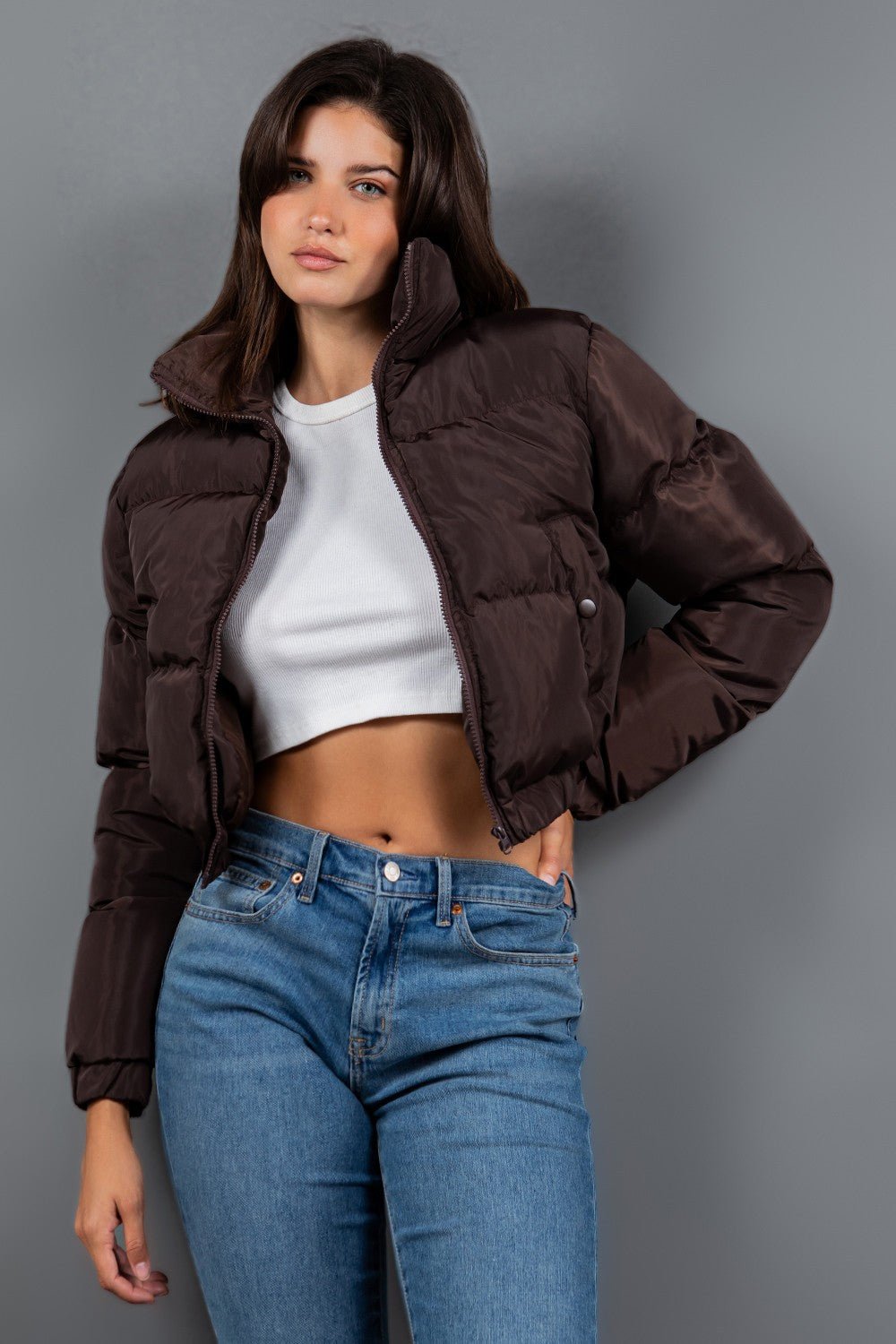 My Turn Cropped Puffer Jacket - Brown - 2 Cute