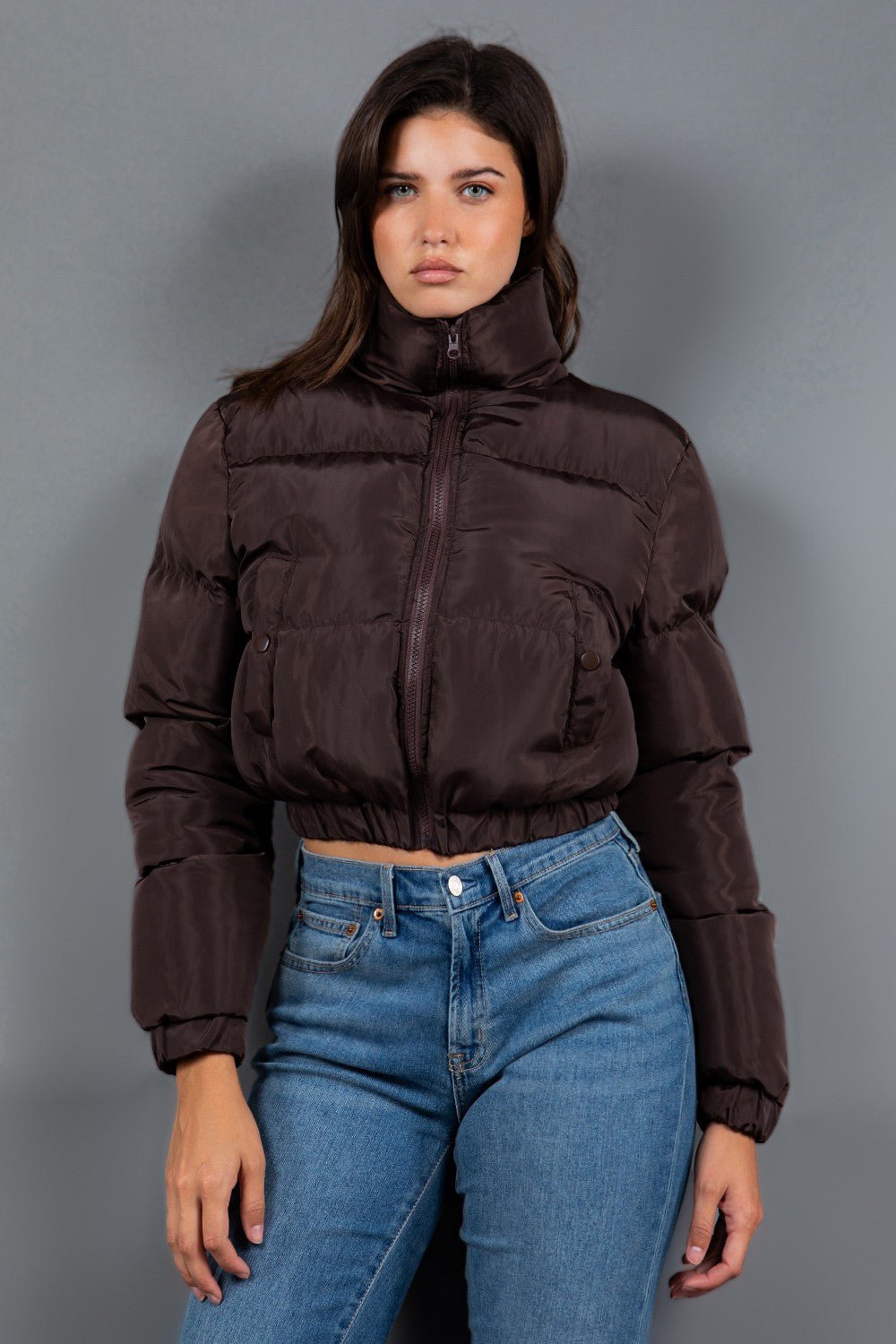 My Turn Cropped Puffer Jacket - Brown - 2 Cute